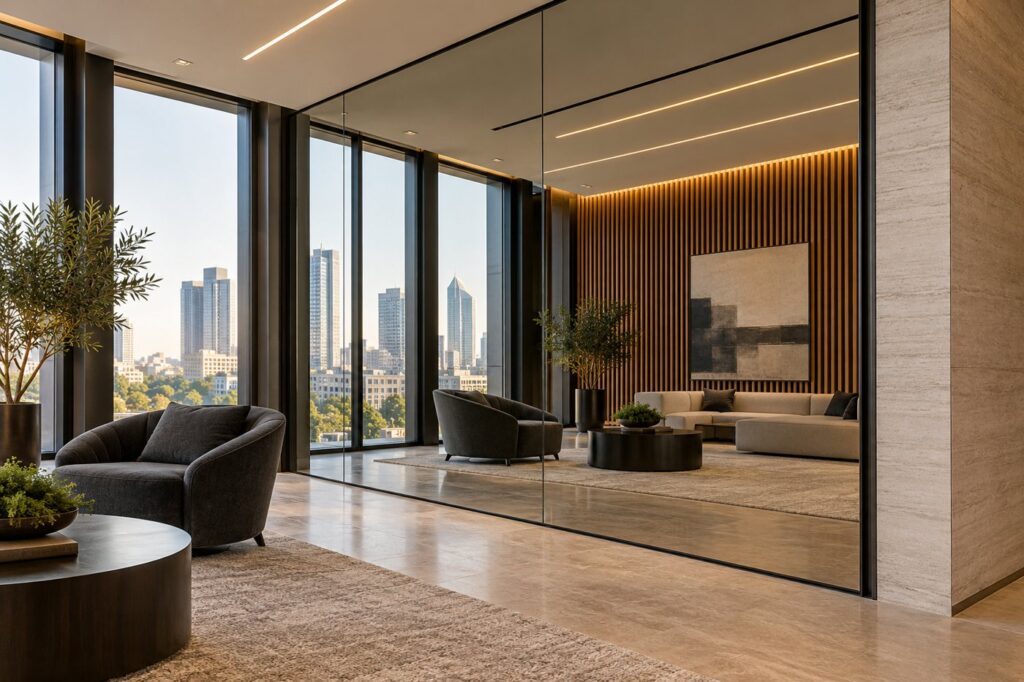 Full-height architectural mirror wall in an office lobby, Dallas by Gibraltar Glass
