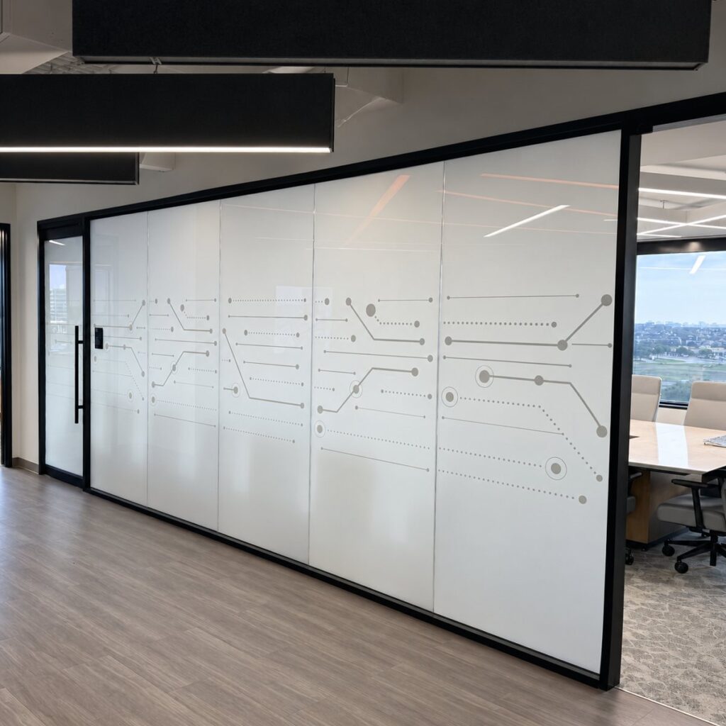Framed glass conference room wall with custom graphic privacy film, Dallas office by Gibraltar Glass