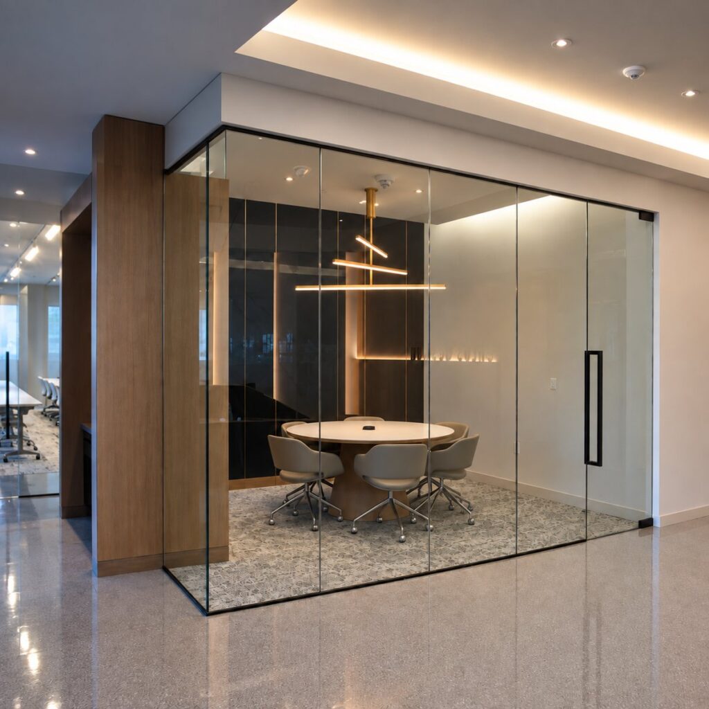 Frameless Herculite glass conference room with glass door and ladder pull, Dallas office finish-out by Gibraltar Glass