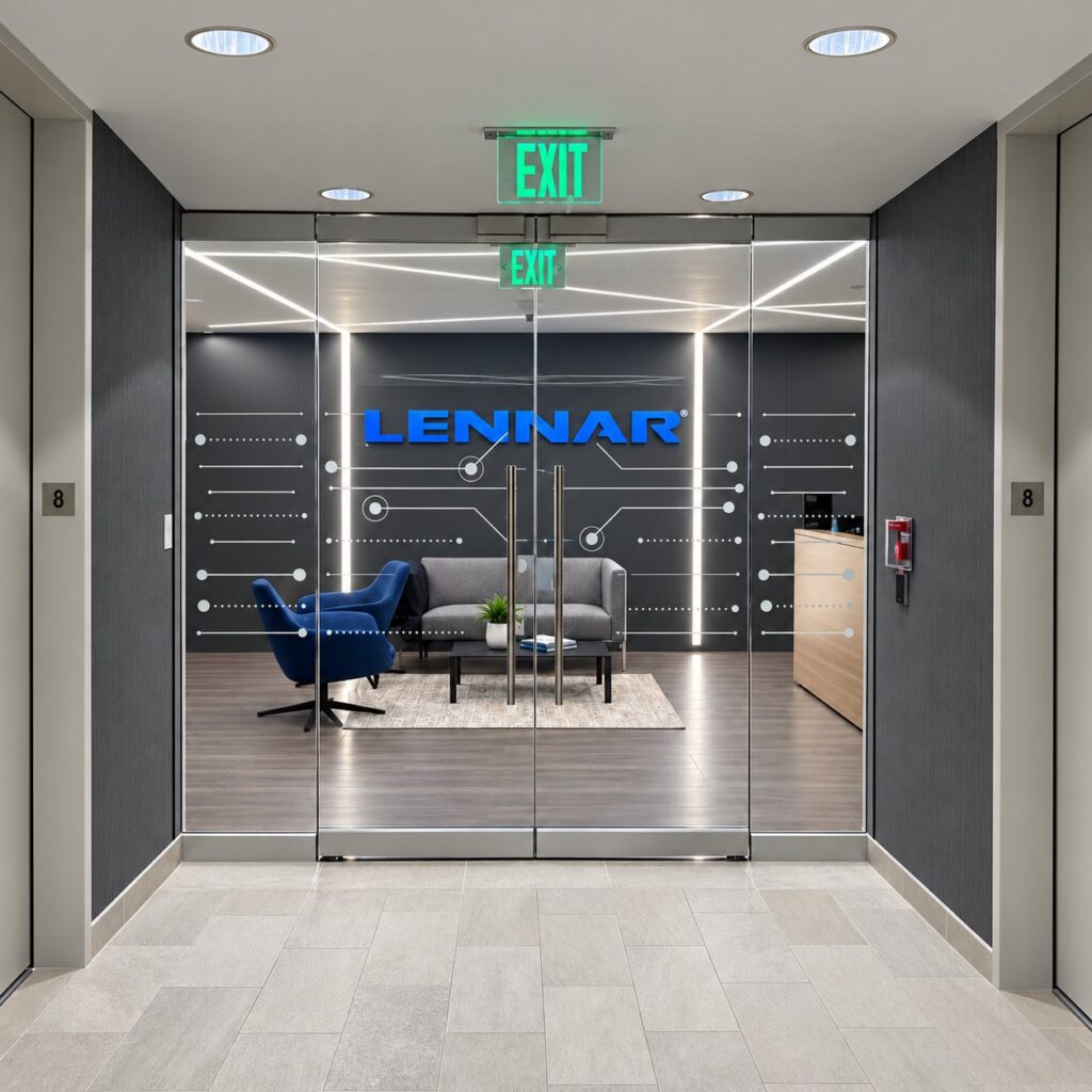 Herculite frameless glass pair doors and sidelites at an elevator lobby office entry, Dallas tenant finish-out by Gibraltar Glass